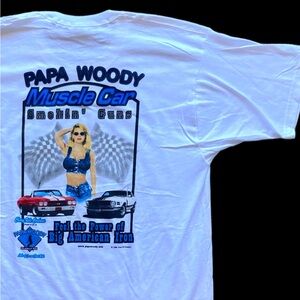Vintage Deadstock 1998 Papa Woodys Muscle Car promo tee VTG 90s stripper shirt